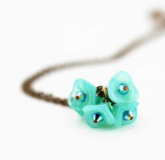 Aqua Glass Necklace, Beaded Necklace, Flower Necklace, Delicate Necklace, Brass Necklace, Memorial Day Sale