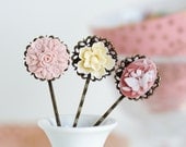 Pink Bobby Pins Hair Pins Set - Antique Brass - Vintage Style Flowers and Cameo, Gift  For Girl, Floral Accessories