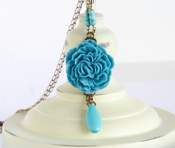Statement Necklace, Teal Flower Necklace, Teal Flower Pendant Necklace - Beautiful Floral Necklace