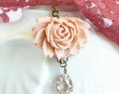 Statement Necklace, Peach Jewelry - Rose Necklace - Peach Rose - Peachy Pink Vintage Crystal Jewel - Bridal Jewelry