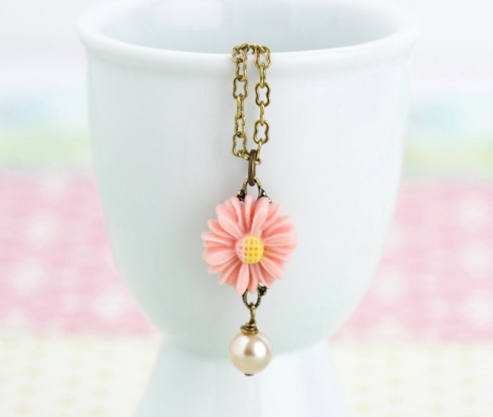 Peach Jewelry - Peach Daisy Necklace - Pearl Jewelry - Bridal Jewelry - Flower Girl Jewelry