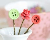 Sale - Cute Hair Pins - Coral and Lime Green Button Bobby Pins  Antique Brass, Gift  For Girl