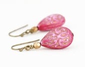 Pink Earrings With Gold Inlaid Moroccan Style Vintage Lucite Beads and Bronze Beads, Drop Earrings