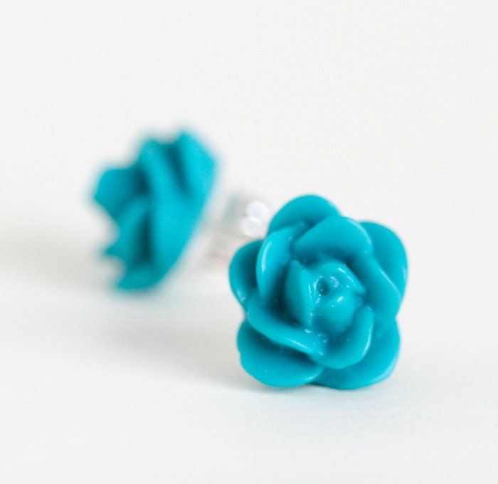 Teal Rosebud Post Earrings