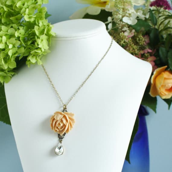 Statement Necklace, Flower Necklace, Beige Rose Necklace With a Beautiful Clear Vintage Crystal Jewel