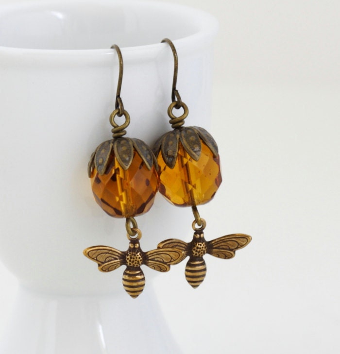 Bee Earrings - Golden Brown Amber Glass Beaded Earrings, Drop Earrings, Memorial Day Sale