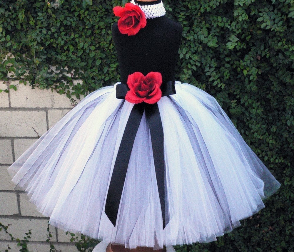 Flower Girl Tutu Skirt - Beauty and Grace - Custom Sewn Black, White, Red Tutu - Up to 20" - For Christmas and Weddings - girls sizes 6 to 8