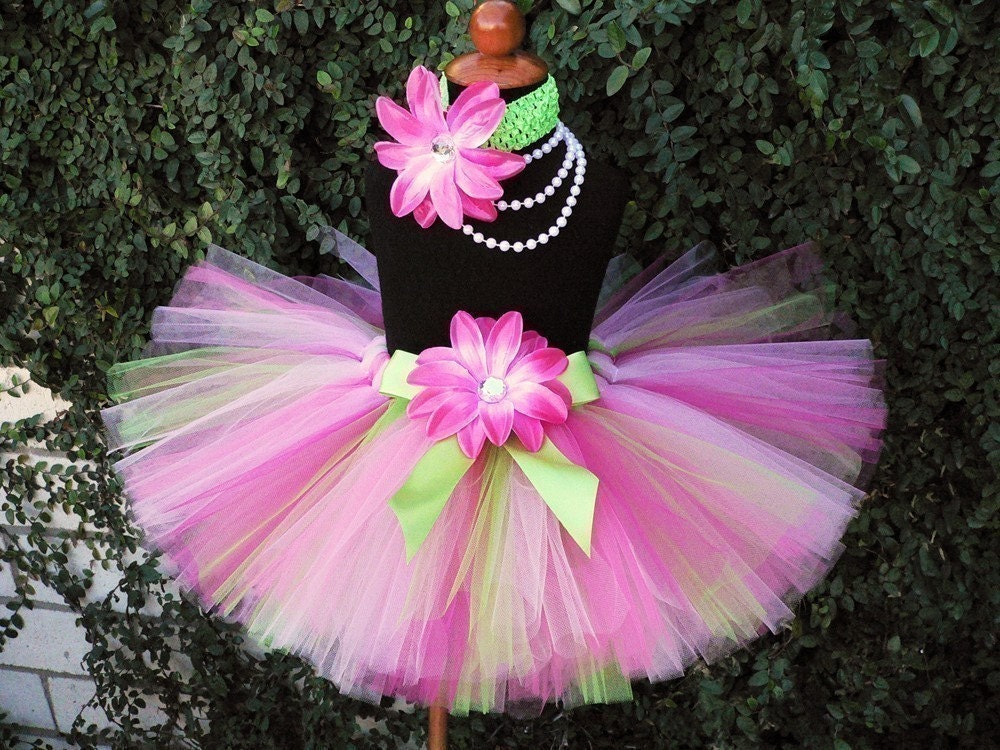 Sewn Tutu - Pink Green - Strawberry Dreams with Lime - up to 12'' long - sizes Newborn to 5T