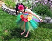 Luau Birthday Party Tutu Set - Custom SEWN Grass Hula Skirt Tutu and Headband for Girls - Leilani - 14.5" pixie tutu - Hibiscus Flower Tutu