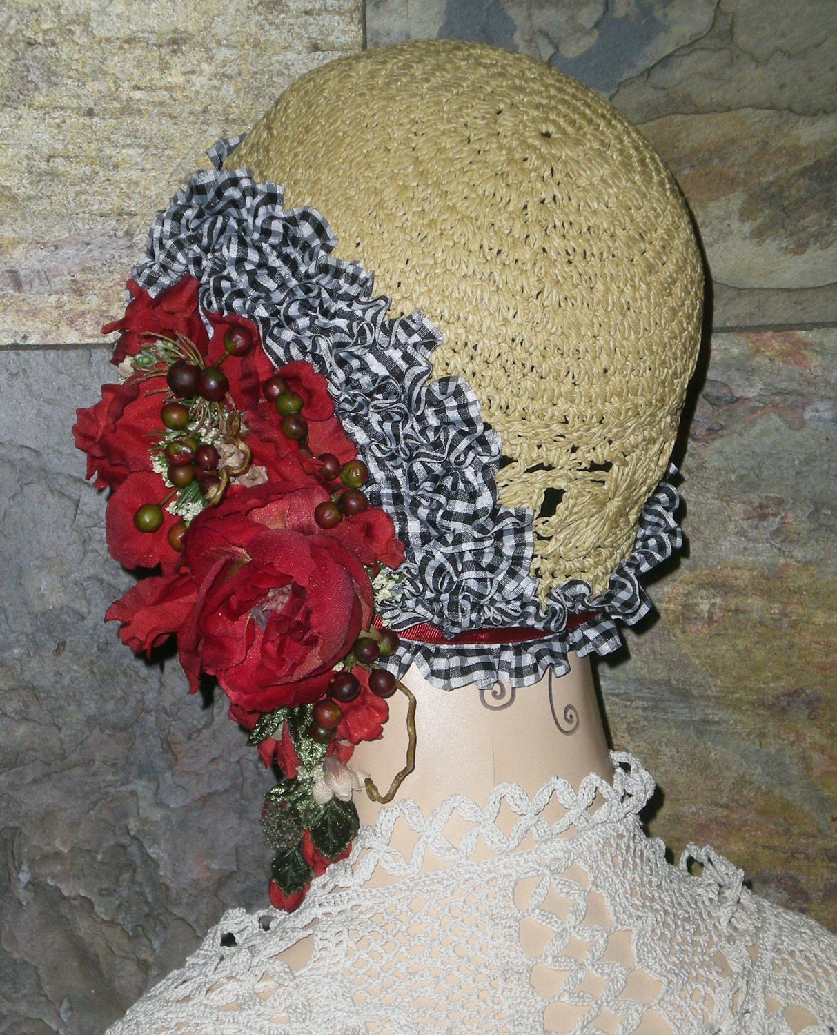 One of a Kind Vintage Roaring 1920's Straw Picnic FLAPPER CLOCHE HAT Gingham Ruffle Red Floral