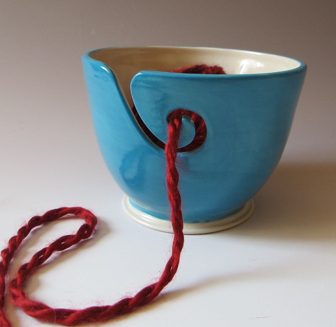 White Cat Yarn Bowl - sculpted kitty against Turquoise Background