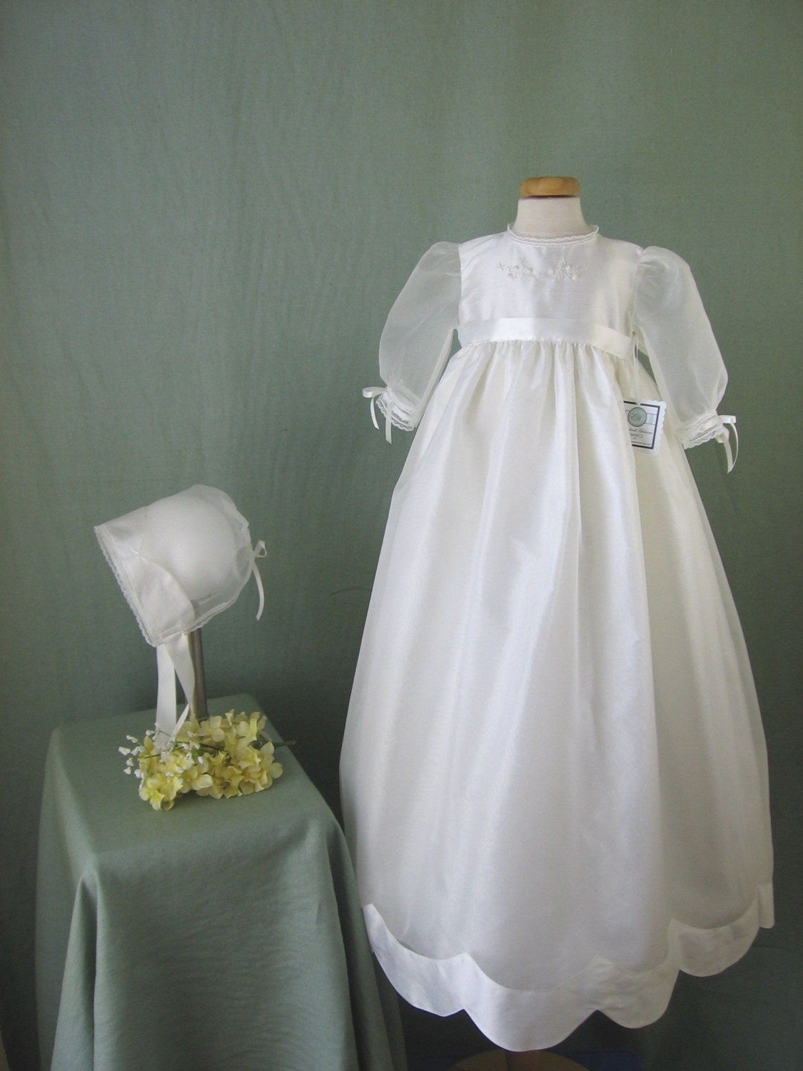 Silk Christening Baptism Gown, Bonnet with Hand Embroidery - Anna