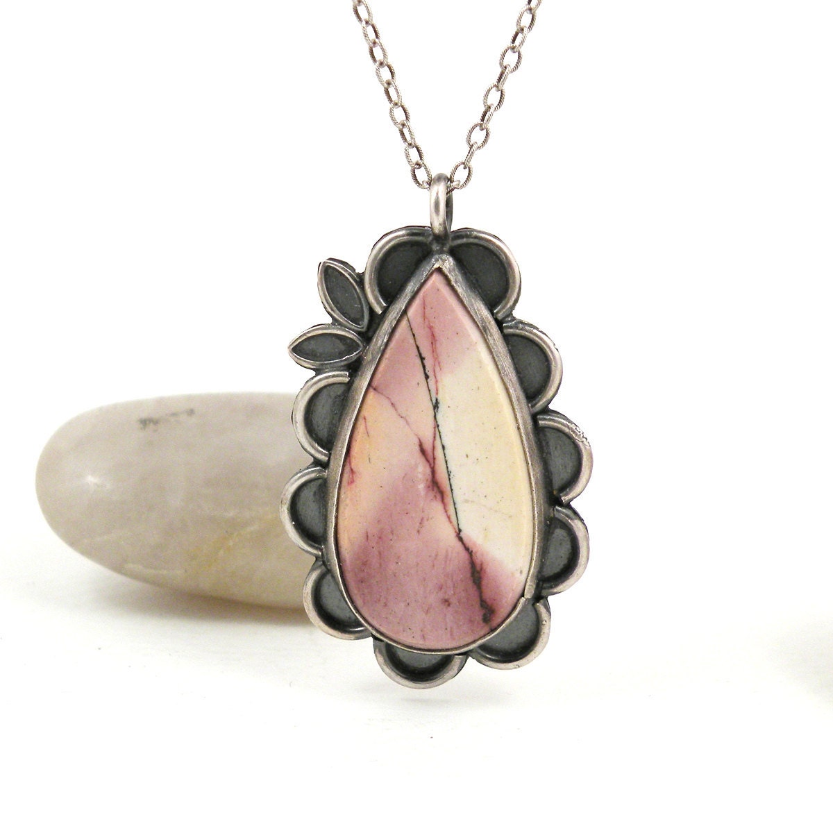 Sterling Silver Necklace Pink Yellow Mookaite Teardrop Stone Oxidized Silver Botanical Jewelry - Stargazer Necklace