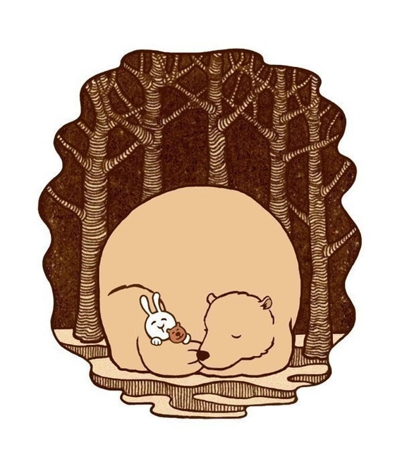 Sleepy Bear and Bunny Forest Art Print