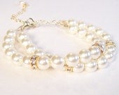 Ivory Pearls Double Strand Bracelet with Rhinestones, Wedding Jewelry, cream, butter, diamond white, cameo, vanilla, light, bisque, cashmere
