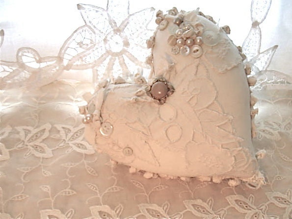 Fabric ooak heart pillow- pretty- creamy white shabby chic pillow- romantic Valentine heart pillow- fiber art- frayed edges