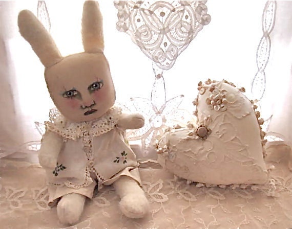 Fabric ooak heart pillow- pretty- creamy white shabby chic pillow- romantic Valentine heart pillow- fiber art- frayed edges