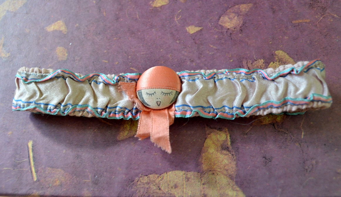 1920s Garter Peach lavender silk Boudoir Garter wedding Flapper face pink ribbon