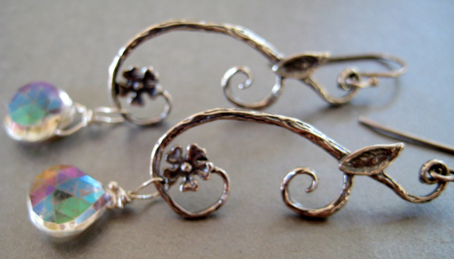 Mystic Quartz briolette Spiral earrings-Femenine vines Branch leaf and flowers crystal Quartz Earrings sterling silver-bridesmaid earrings