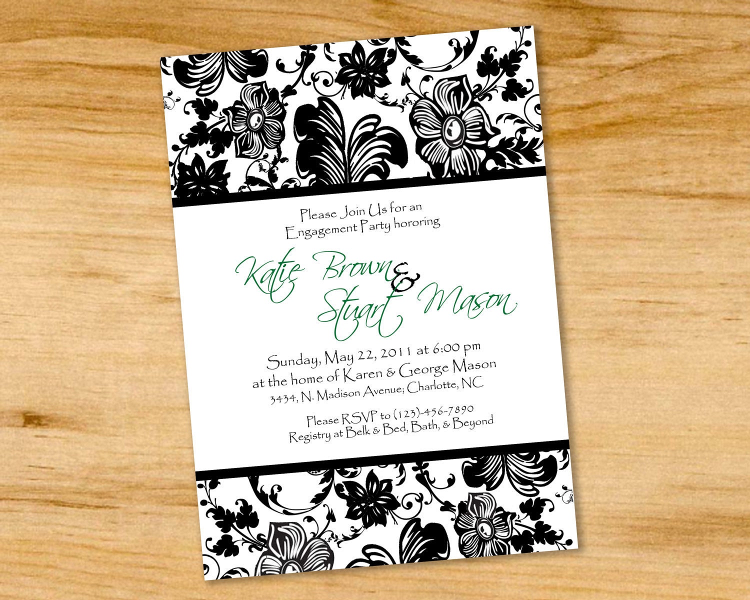 Engagement Party Invitation - Black & White Print with a touch of GREEN- Digital file or Printed