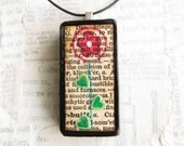 Cheerful Bloom on Vintage Text - Altered Domino Pendant / Necklace Jewelry  - Upcycled Recycled - Pips Dots 0/2 (2)