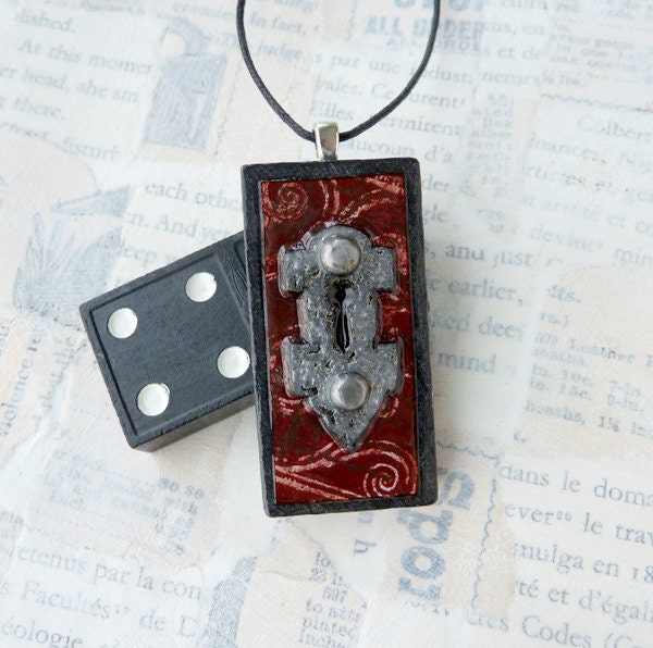 Victorian Keyhole Plate and Key Fine Art Paper Collage on Black Wood Domino - OOAK Pendant Jewelry - Dots 3/6 (9) - A Tiny Work of Awesome