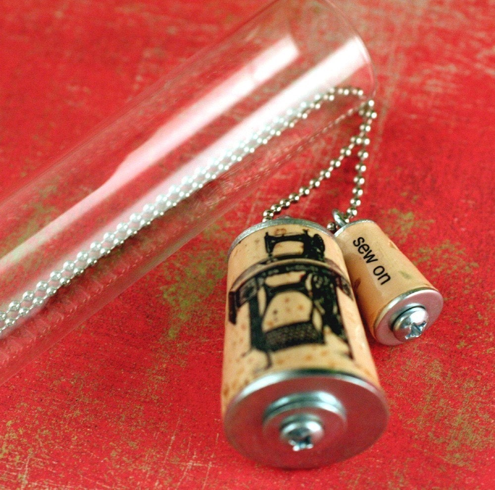 Vintage Sewing Machine Necklace - Upcycled Cork in Test Tube - by Uncorked