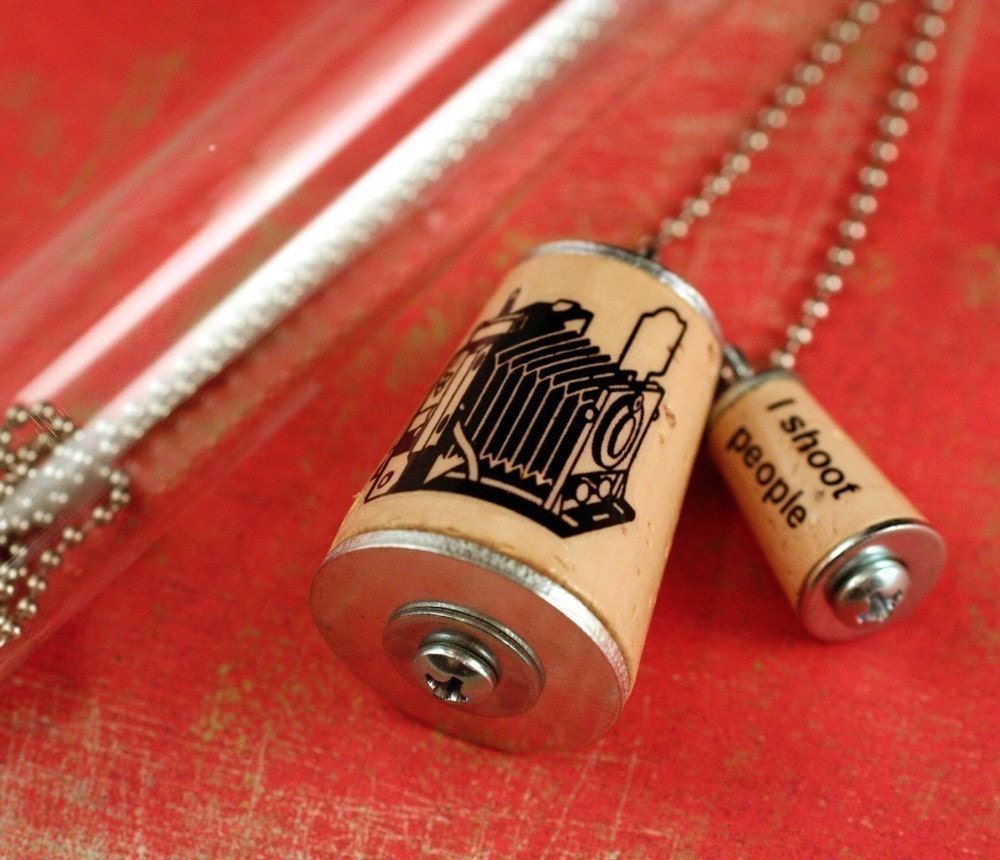 Camera Necklace - Cork Jewelry in Test Tube - I Shoot People Upcycled by Uncorked