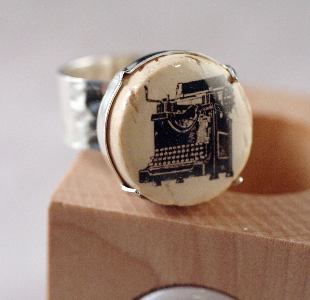 Typewriter Cork Ring in Wood Cube - Tell Me A Story - Upcycled by Uncorked