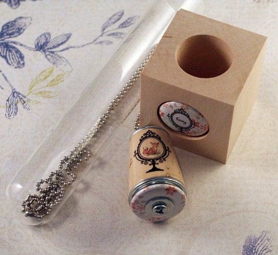Fox Necklace - Cork in Test Tube and Wood Cube - Upcycled by Uncorked