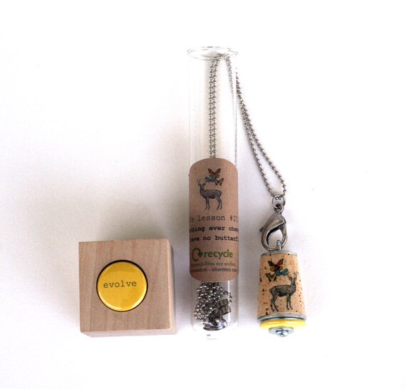 Deer Butterfly Necklace - Upcycled Cork in Test Tube - Yellow EVOLVE by Uncorked