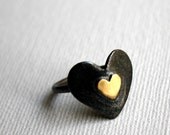 Black and Gold Sterling Silver Flat Heart Ring- Handmade by Rachel Pfeffer