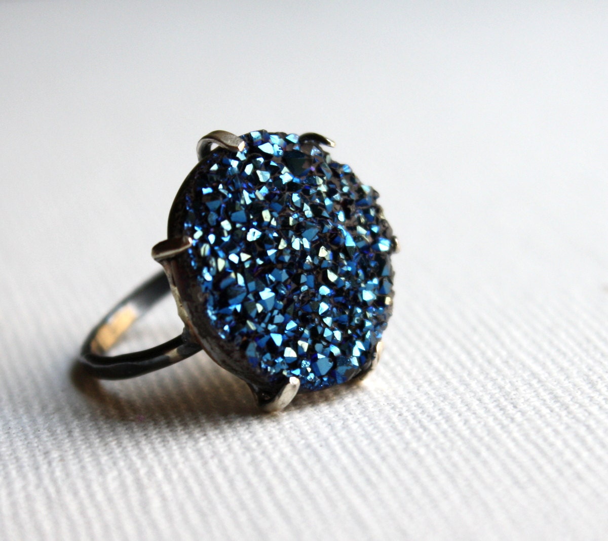 Blue Drusy Pronged Ring- Handmade by Rachel Pfeffer