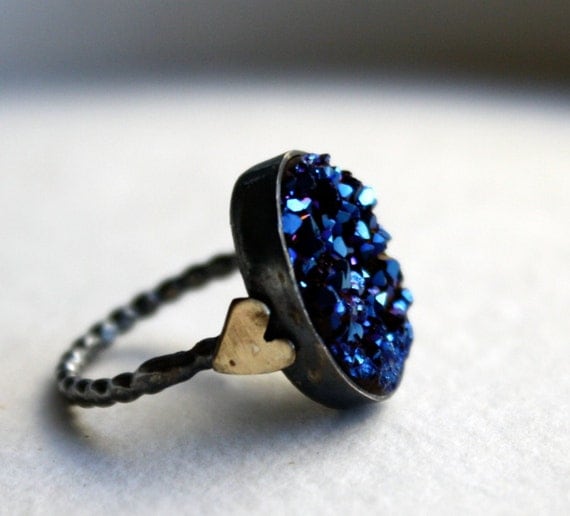 Blue Drusy with Hearts Ring by Rachel Pfeffer