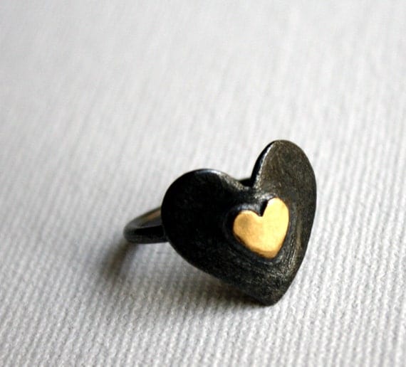 Black and Gold Sterling Silver Flat Heart Ring- Handmade by Rachel Pfeffer