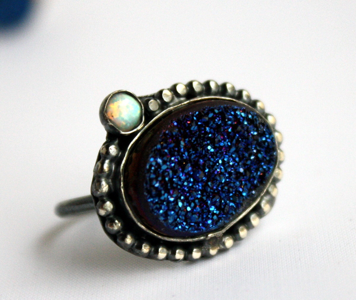 Big Blue Drusy Ring with Opal in Handmade Setting