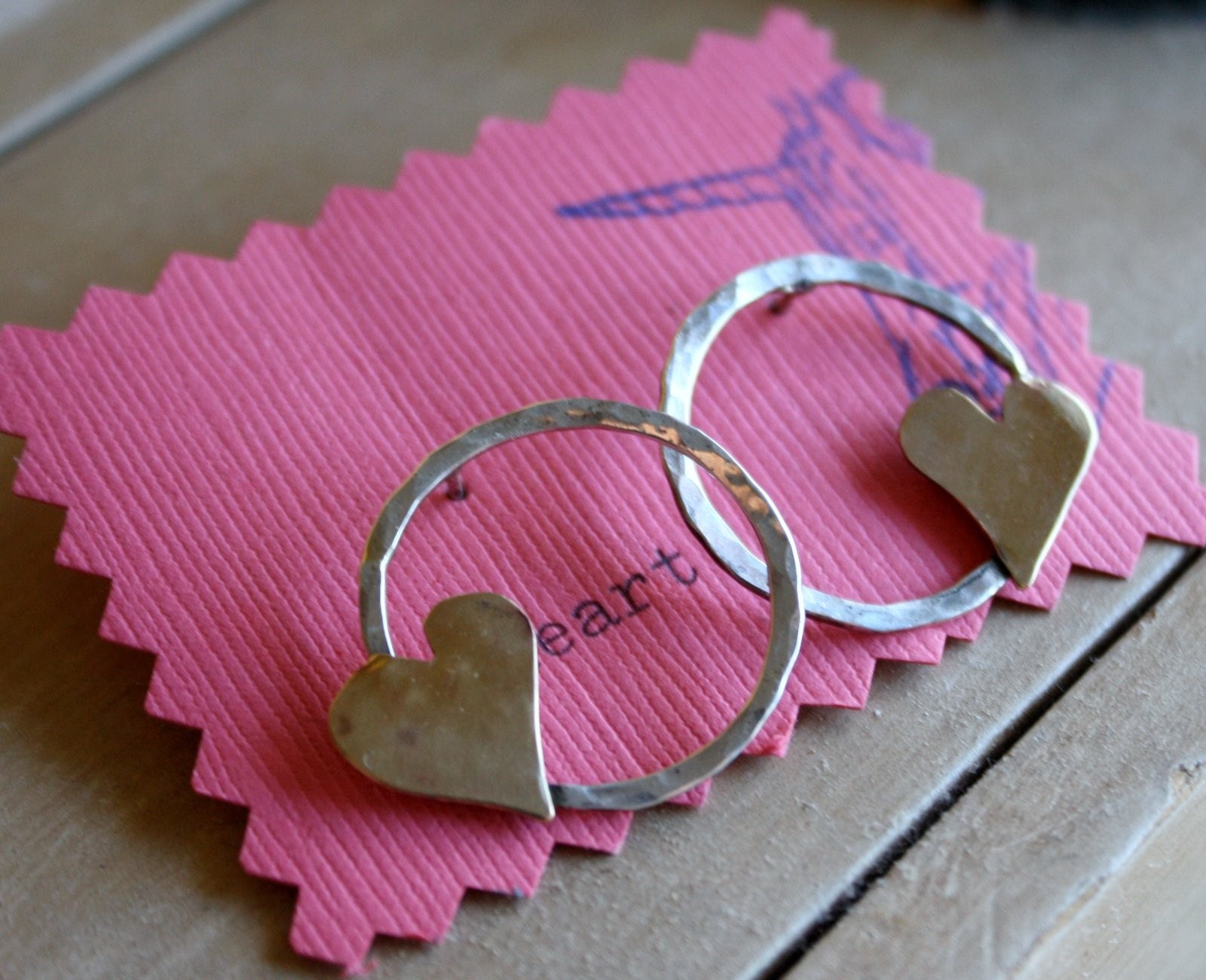 SALE Sterling Silver Hammered Hoops with Brass Hearts