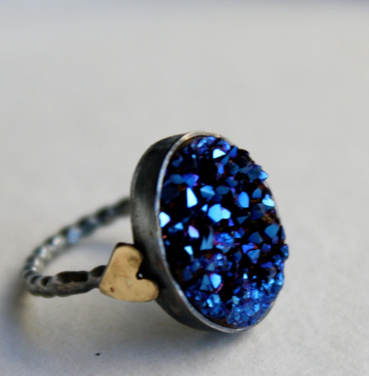 Blue Drusy with Hearts Ring by Rachel Pfeffer