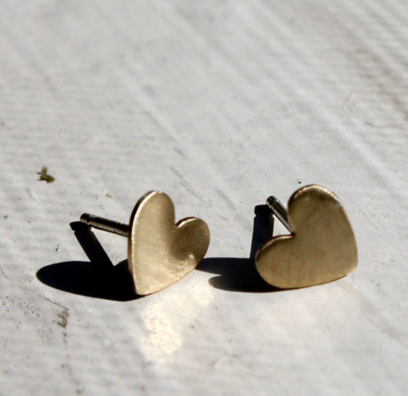 Tiny Brass Heart Studs with Sterling Silver Posts- Ready to ship