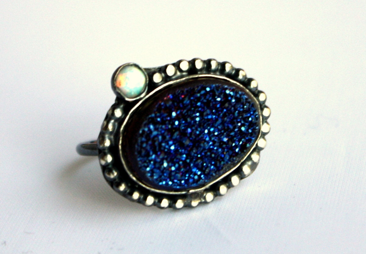 Big Blue Drusy Ring with Opal in Handmade Setting