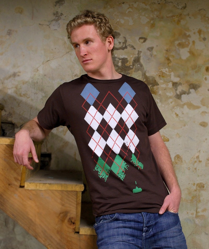 Space Invaders Argyle Tshirt on brown- Men's Argyle Shirt S M L XL 2X 3X