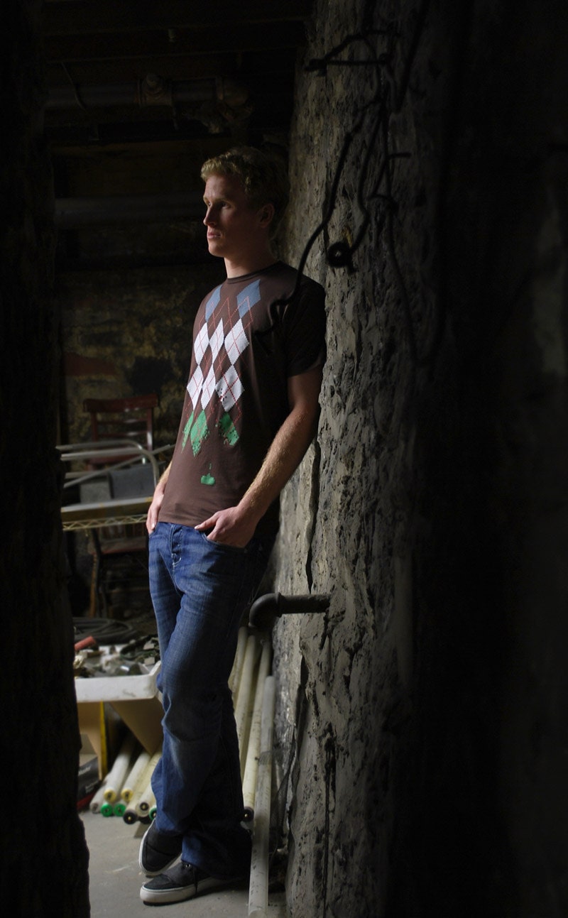 Space Invaders Argyle Tshirt on brown- Men's Argyle Shirt S M L XL 2X 3X