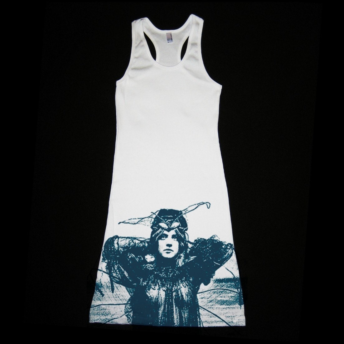Wmns White Racerback Tank Dress feat. Le Cigule print in Sea Blue