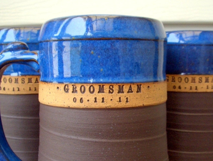 5-Piece Groomsman Set, Wheel Thrown, Personalized Pottery Beer Steins