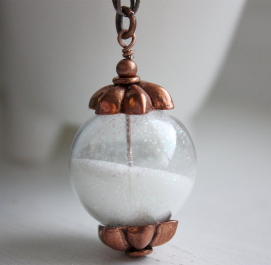 Blown Glass and Sparkles Snow Globe with Copper Cap Pendant necklace Free USA Shipping