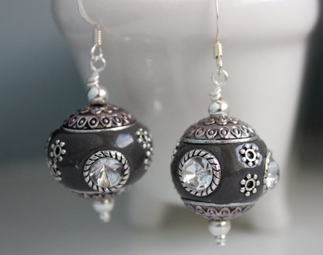 Mongolia Gray and CZ Enamel Bead earrings Free USA Shipping