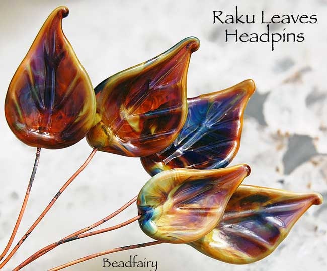 5 Raku Leaves Head Pins Set, Earthy colors, Glass Headpins, Handmade lampwork glass headpins by Beadfairy Lampwork - Beadfairy