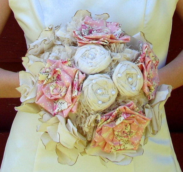 Bridal Bouquet - Weddings, Fabric Flower Bouquet - Cotton Roses Wedding Bridal Bouquet, Wedding Flowers, Wedding Accessory