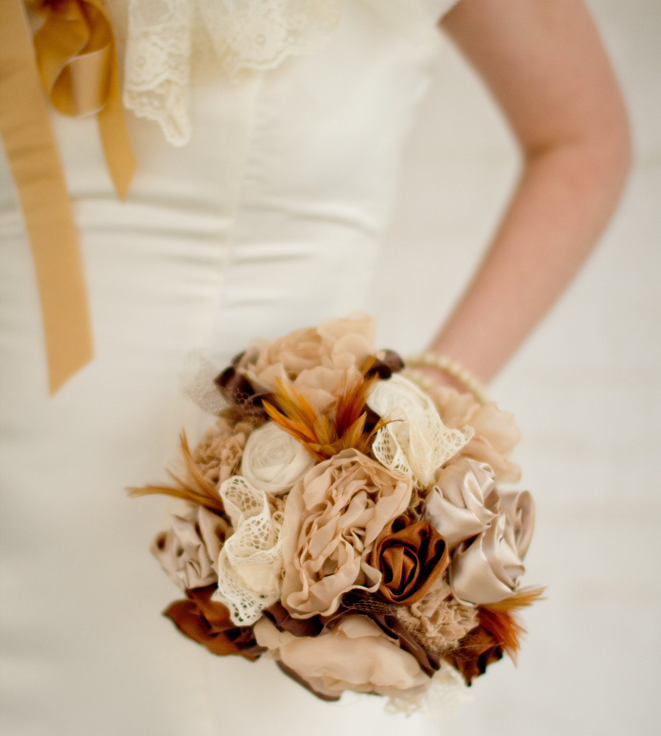 Fabric Flower Bouquet - Fabric Bouquet, Fabric Flower, Wedding, Vintage Wedding - Tea Stained Cotton Bridal Bouquet Wedding Bouquet