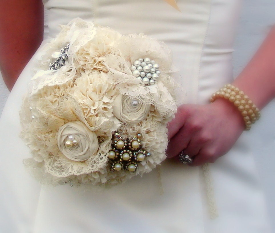 Brooch Bridal Bouquet, Jewelry bouquet, Fabric Flower Bouquet - Vintage Wedding
